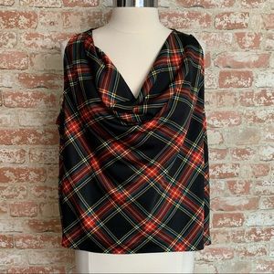 J. Crew Plaid Drape Neck Blouse Sleeveless Black Red Size XL